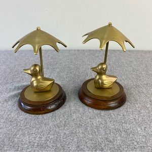 Vintage Brass Ducky Duck Under Umbrella Set Of Two Figurines On Wood Base MCM